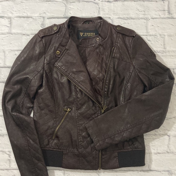 Womens Guess Jacket size Medium Brown Faux Leather Zip Up Jacket - Picture 3 of 9